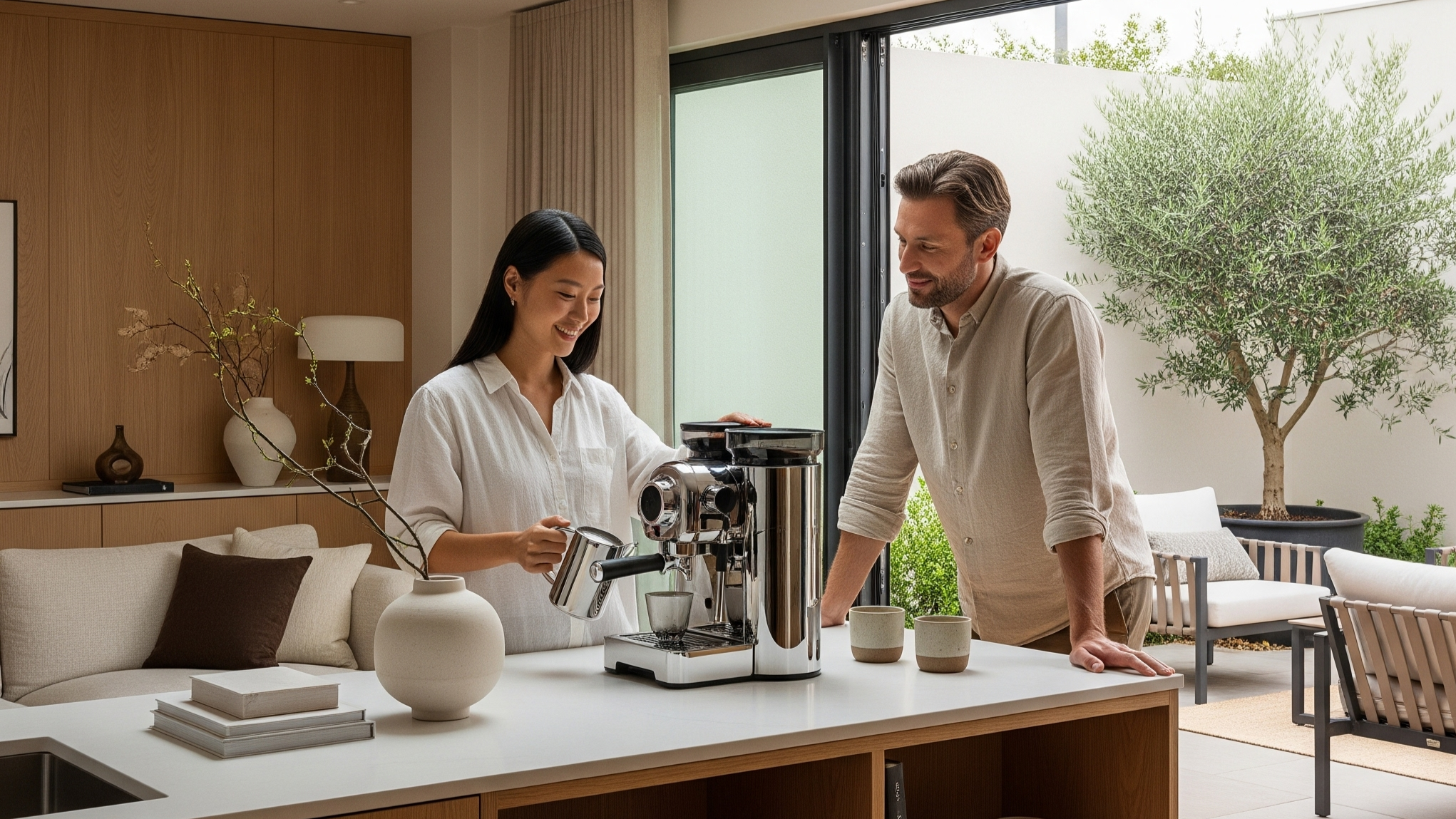 Man and woman standing in a modern kitchen with a coffee machine.