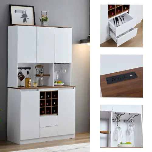 Wine Cabinet Coffee Bar with 3 Outlets & 2 USB Ports White